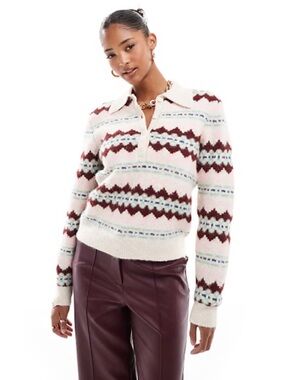 ASOS Collared Fair Isle Pullover Sweater in Cream, Pink & Maroon